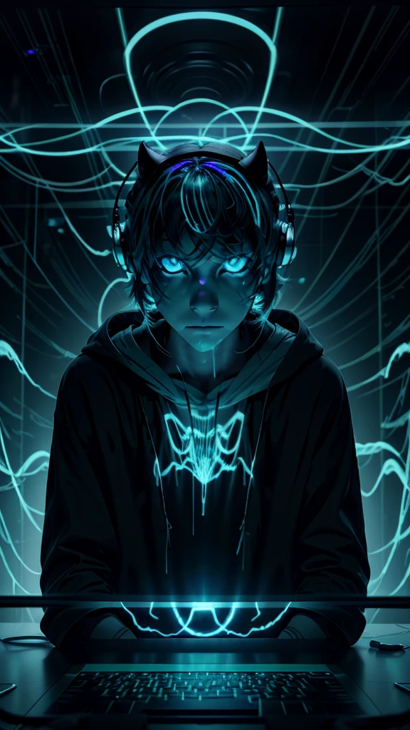 "A ghostly hacker seated at a dimly lit desk, surrounded by floating, transparent digital screens filled with complex code. The hacker’s figure is partially translucent, with faint blue and green hues blending into the dark, shadowy room. His hands are hovering over a glowing keyboard, leaving behind trails of light as he types. The face is obscured by a hood, with only a pair of glowing eyes visible from the darkness. The atmosphere is eerie, with swirling digital particles in the air, blending the line between the physical and digital world."