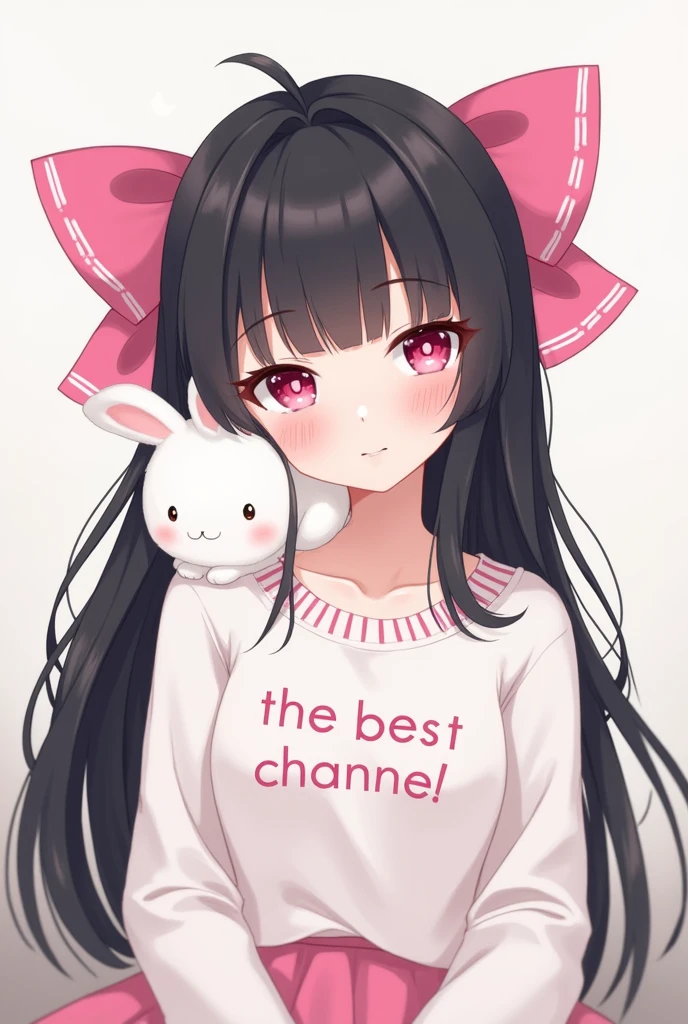 anime with long black hair, with 2 pink bows on the head, pink details, with a fluffy white rabbit on his shoulder, written on the shirt of the best channel, and below the channel of the best writing Manulinda