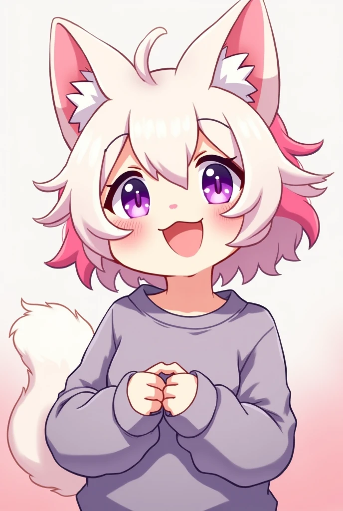 Chico anime furry, with purple eyes, short white and pink hair, sweatshirt and with a big smile