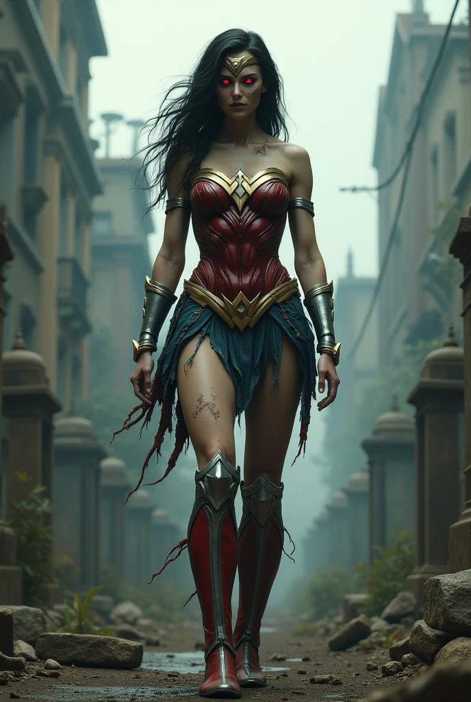 Wonder Woman Zombie Silver metal diaema Silver metal bracelets Completely torn apart suit in an Apocalyptic city Cursed cemetery Red boots up to her knees Snake eyes (((The Walking dead)))