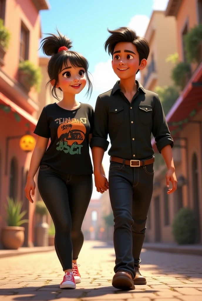 A couple arm in arm.
She is smiling, has a robust build, wide legs, small ears, and a light complexion., wide nose big brown eyes hair in a bun and straight curtain bangs, you wore a black Jurassic Park blouse, black jeans and red converse. He is of slim build, tez morena, wide nose small eyes short dark straight hair small ears wears a formal black button down shirt and black dress pants with brown shoes, protagonists of a Disney Pixar movie digital art. Walking down a street