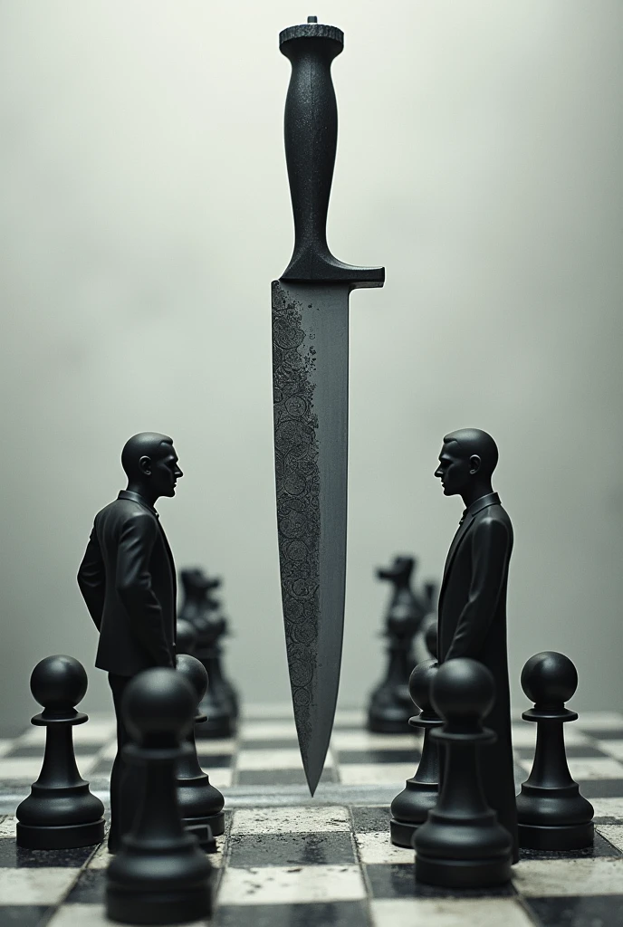 Knife as if it were a chessboard in place of chess pieces are People maneuvered as if they were a chess piece