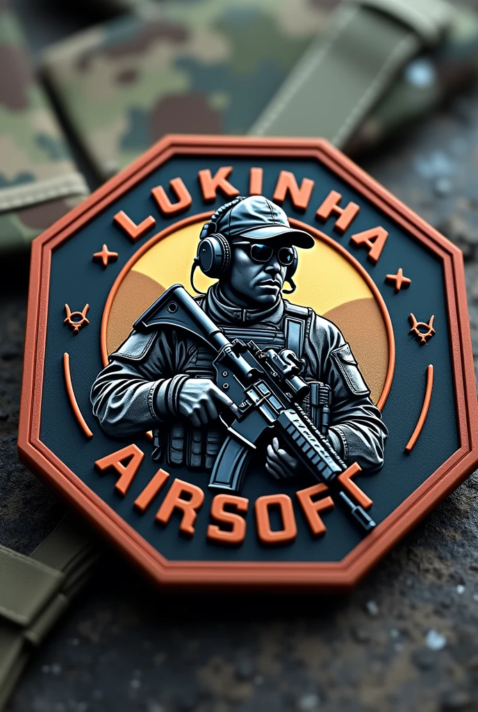 Create Hexagonal Rubber Patch, military coat of arms with an operator carrying an m4 rifle wearing a cap and headphones in the center and the name Lukinha Airsoft