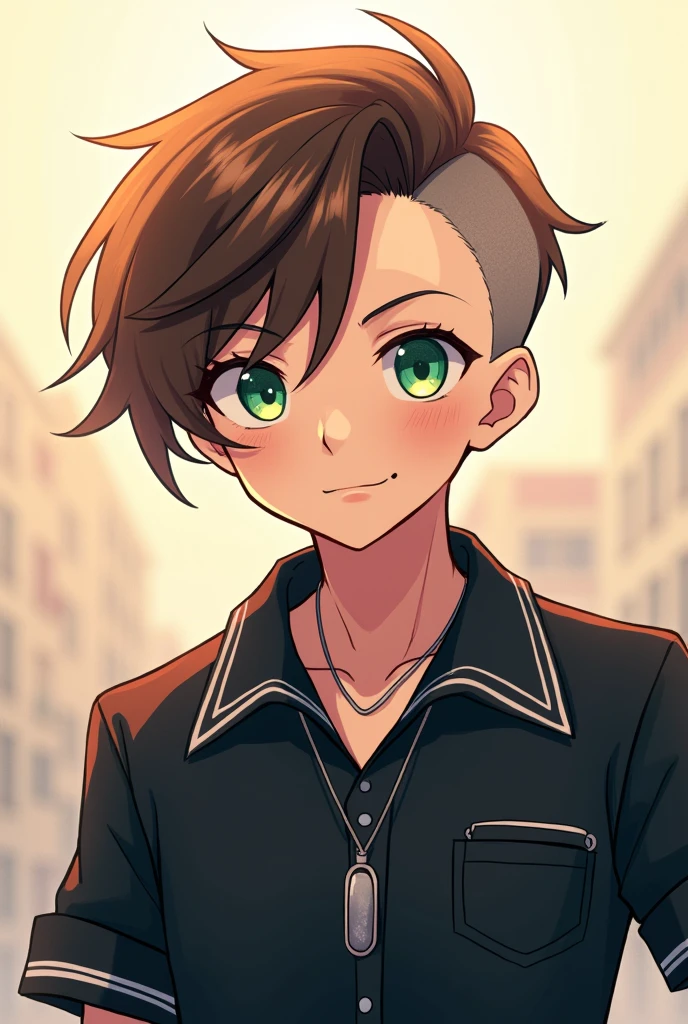 A boy, short brown hair shaved on one side, green eyes, Very outgoing personality and a little cocky, is moderately tall, He is handsome and cute, He wears a school uniform, She wears a necklace with an oval pendant, anime style, It's nothing and he has a superior face, His eyes are slightly slanted and his uniform is black.