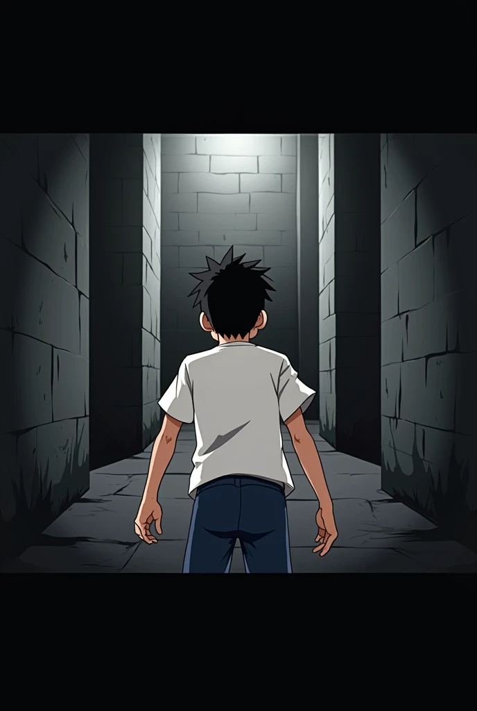 scared boy with his back turned, With a surprised pose he is in front of a wall (It's a dead end). (animated)