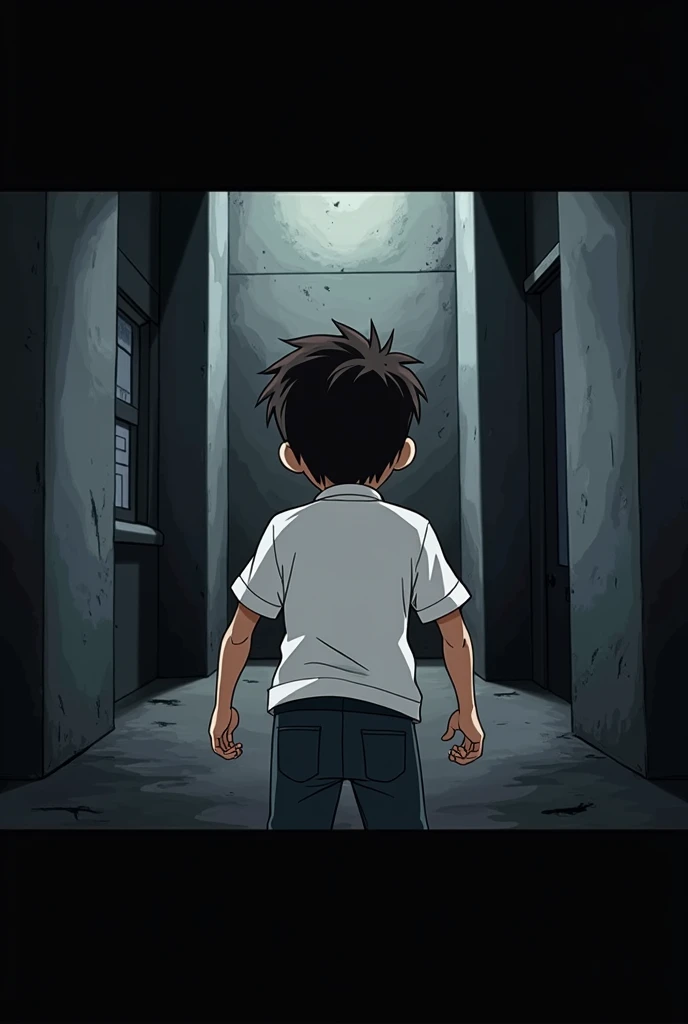 scared boy with his back turned, With a surprised pose he is in front of a wall (It's a dead end). (animated)