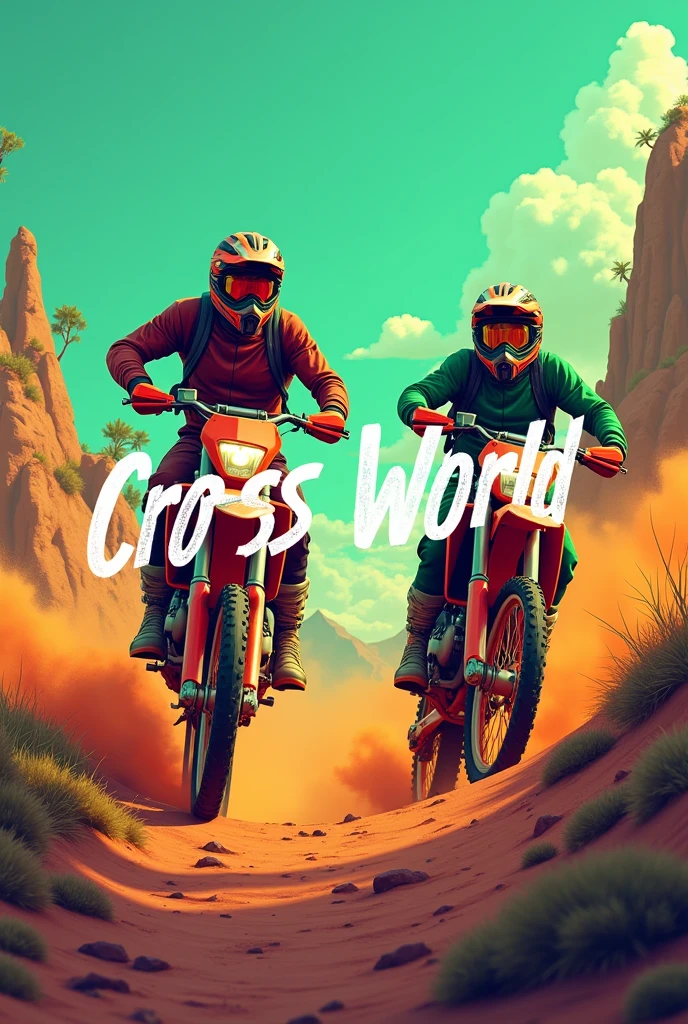 Create a vibrant and dynamic image for your TikTok channel called "Cross World". The image should capture the essence of motocross and off-road adventures. At the center, highlight text "Cross World" in a bold, modern font. The background should be a trail landscape, with rough terrain and dust kicked up by dirt bikes in action. Include at least two trail bikes in motion, with a look that conveys speed and emotion. Use bright, contrasting colors, how to use shades of green and orange, to reflect the energy and nature of motocross. Add details like ramps, trees and mountains in the background to create a sense of depth and adventure.