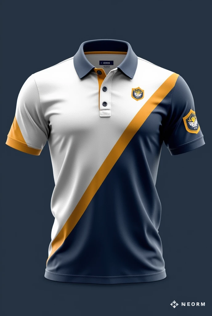make me an organizational polo shirt for our uniform. color white, navy blue, and super less mustard. put design, graphics 