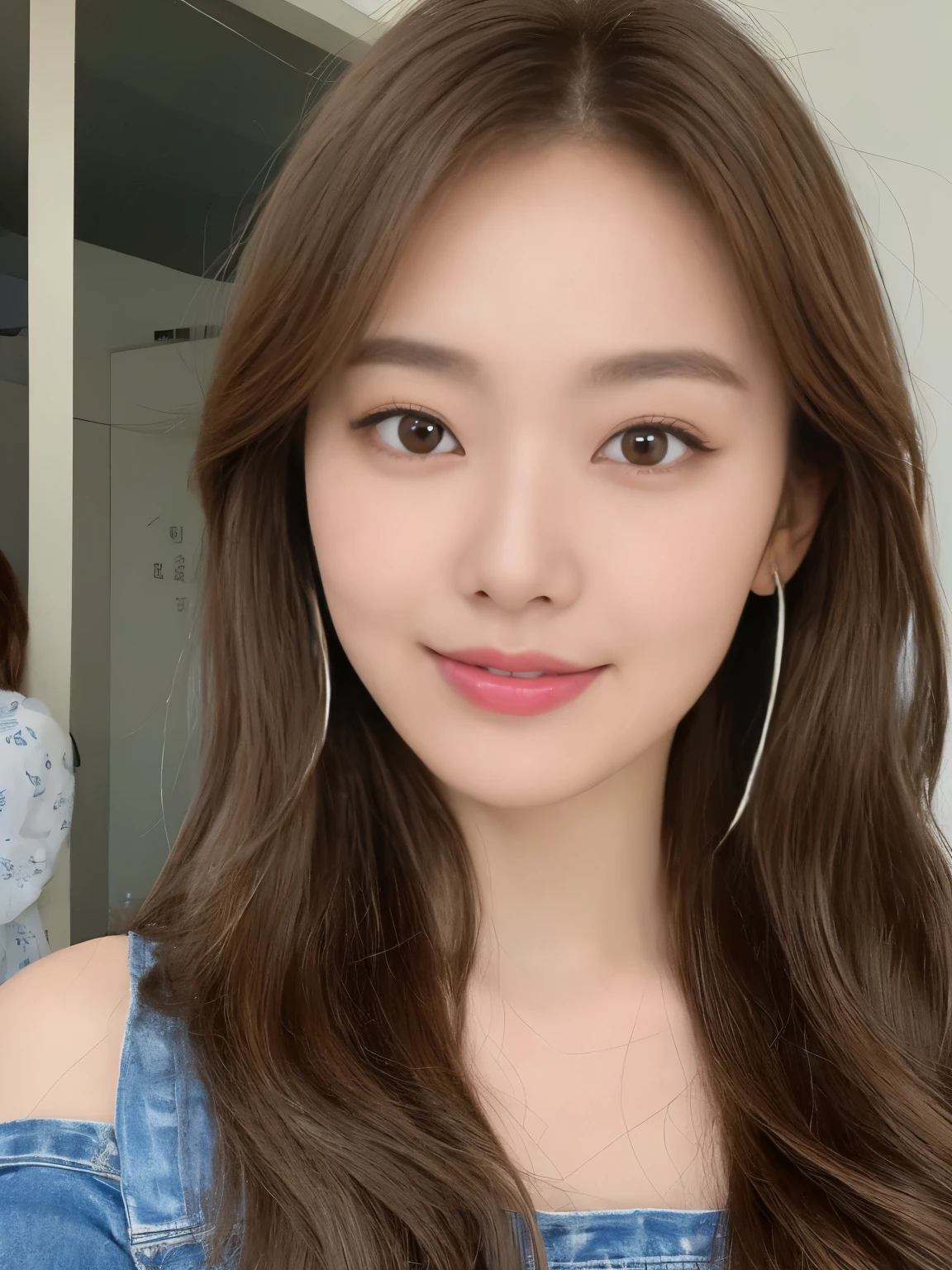 (highest quality、16K high resolution, Super detailed, masterpiece, Live shooting, realistic:1.5, hyper realism:1.5, sharp focus, very delicate and beautiful, small details, bust shot), 3 Japanese woman, 160cm tall, 50kg, bust 84cm, waist 59cm, hips 86cm, heart-shaped face with a pointed chin, shoulder-length layered brown hair styled with soft waves, groomed eyebrows, large expressive brown eyes, a straight nose, full smiling lips, wearing a yellow floral blouse, blue jeans, silver hoop earrings, a few faint freckles adding youthfulness, an overall warm and approachable demeanor, {{{{resembling actress Aya Omasa}}}}, random body orientation,