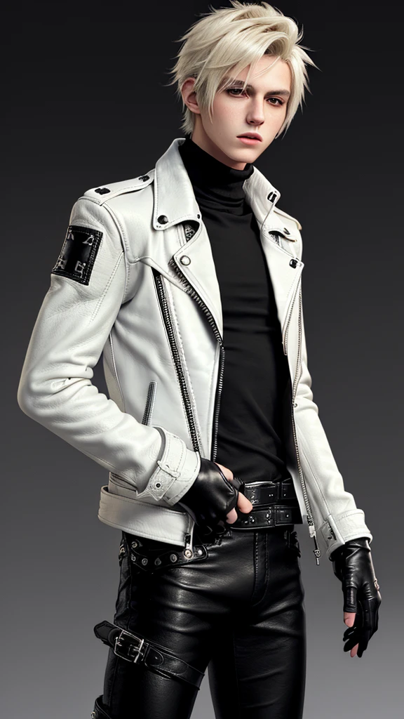 Final fantasy taste and reality graphics, ((Japanese young cute and cool ikemen boy)), his age is early 20s, thin eyebrows and beady eyes, (((he wearing off white color single-brest leather jacket and with epaulet))), ((leather jacket is close all zippers)) , ((jacket collar is high length)), ((jacket is stand-up collar with belts)),((jacket is single-brest and simple design)), ((also wearing black thick turtleneck polyester shirts)), put on tight black leather pants, (((put on black leather glove,covers full finger))), black leather knee-high raceup boots, head-to-toe,whole body, boy looks like fashion model,boy is outdoors in midsummer,((hair is black)),boy clothes felt too hot,
