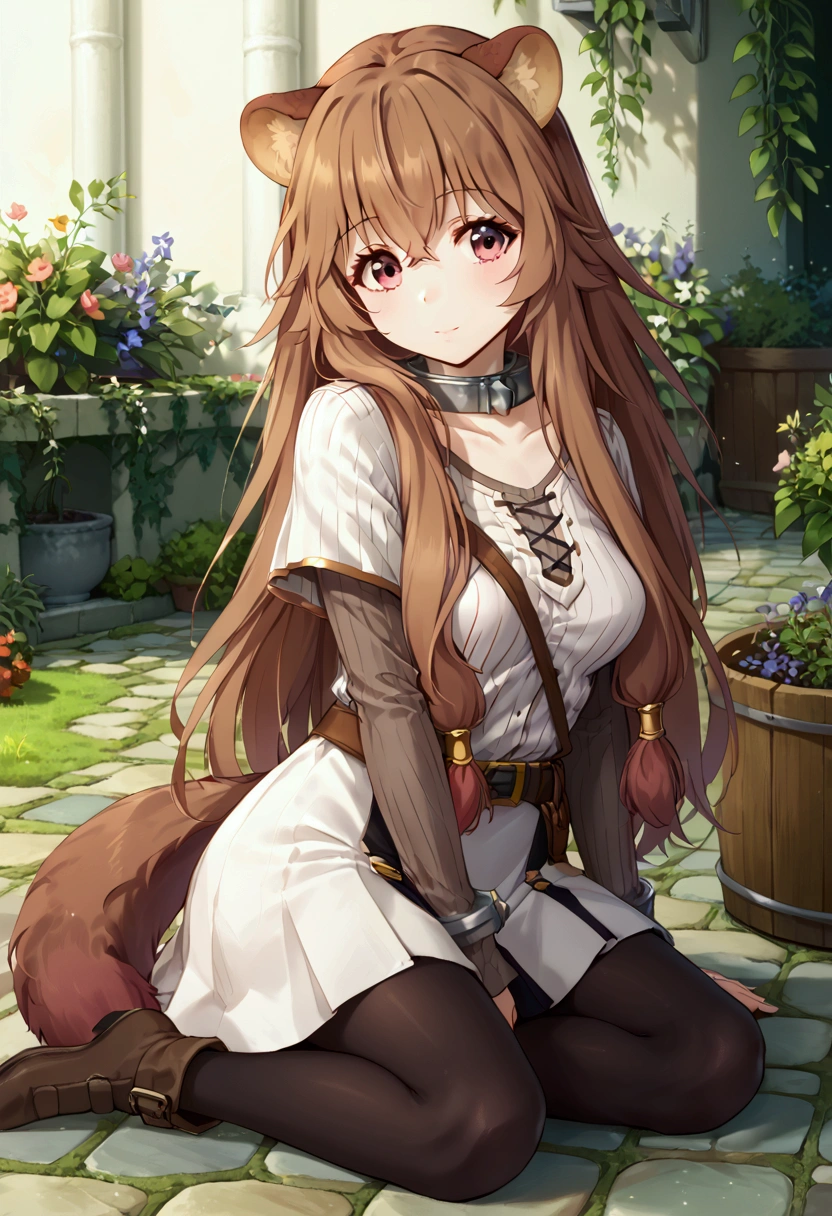  score_9,score_8,  (((perfect face))), (medium breasts), focus breasts, full body view, {looking at viewer},(brown hair), (bangs), (long hair), (animal ears), (raccoon ears), (raccoon girl), (raccoon tail), 1girl, raphtalia, (pink eyes), (detailed eyes), (perfect Eyes), garden, outdoors, white capelet, striped shirt, long sleeves, belt, white skirt, black pantyhose