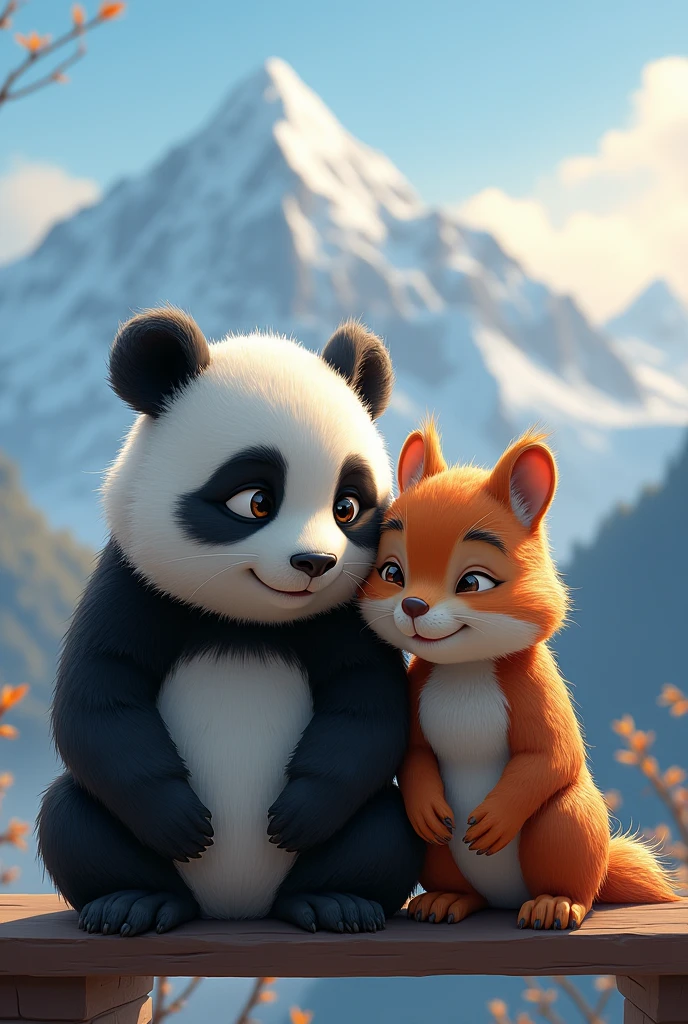 Panda and squirrel is sitting on a bench,
they are both sitting on the bench looking at the white snow covered mountain range under the distant blue sky and the first rays of the morning sun are overhead and they are both very old now and their faces are clearly wrinkled and wrinkled skin. is gone and the squirrel rests its head on the panda's shoulder