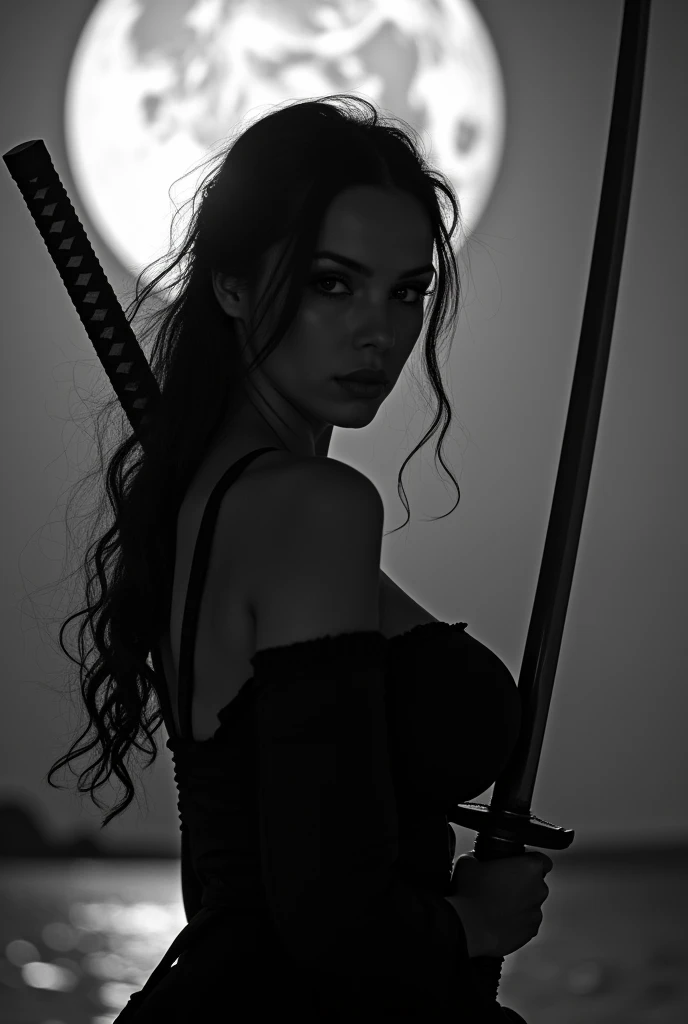 Black and White　Japanese sword　beauty　Gal　Moonlit Night　photograph　Change of clothes　Big Breasts　tits　In a sexy pose
