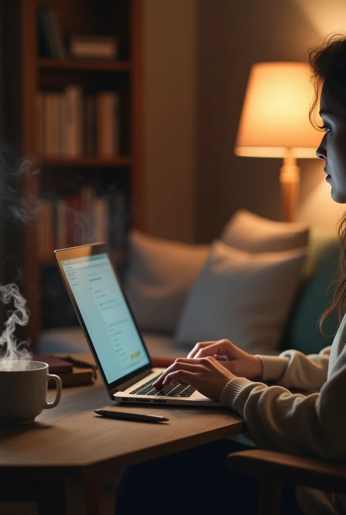 An image focusing on a woman's hands typing on a laptop keyboard set in a cozy living room