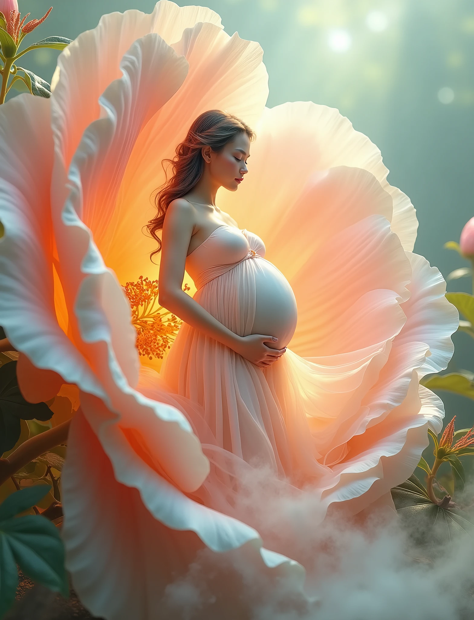 pregnant woman in blue dress standing in a large flower, digital art inspired by Igor Kieryluk, trending on cg society, digital art, maternal photography 4 k, perky woman made of petals, pregnant belly, stunning elegant pose all pose different , flower goddess, lady with glowing flowers dress, maternity feeling, dressed in a flower dress, photo manipulation, beautiful and graceful, pregnant, leaf flowing in air, cloudy effect  some flowers leaf 
