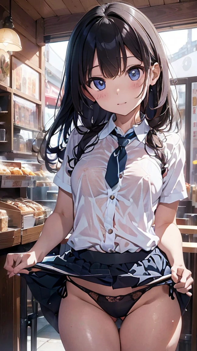 ((Highest quality)), (detailed), Perfect Face、((Highest quality)), (detailed), Perfect Face、Work as a manager at a popular cafe, 3、In a café in the daytime, ((Stand and show)), Spread your legs, ブラウス, ID card hanging from neck, Take off your black panties、　Holding the panties you took off in your hands、Angle from the front、((She has panties、Showing it to me。:1.5))、((Erect nipples: 1.1)), ((　Small breasts :1.5　)), ((Small round areola :1.3, ライトピンク:1.3 )), (((スカートめくり, ズボンがない, Genitals are visible))), ((masterpiece)), ((masterpiece))