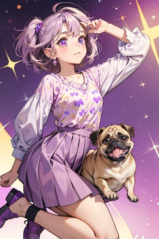 Penna is a brown pug with brown ears and light purple hair.
She wears a light purple top with a pug design. Her skirt is multi-colored with brown paw prints.
She comes with purple shoes. SPARKLE; GLITTER