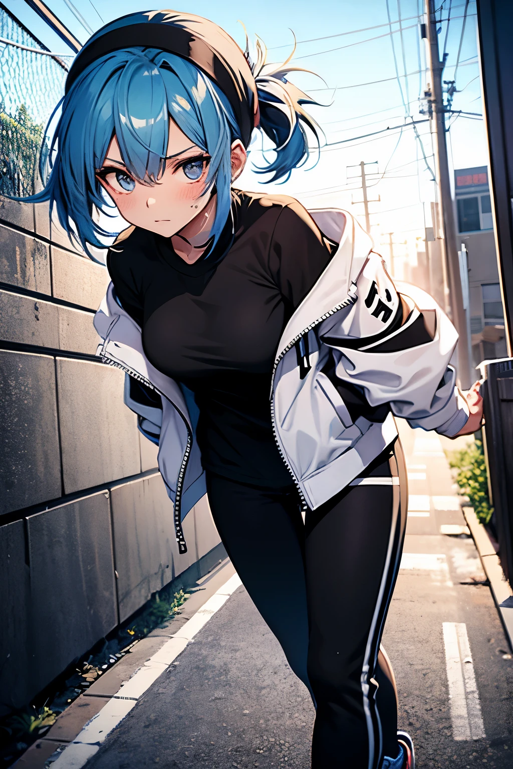 1girl, blue hair, white sweat band, black shirt, white jacket, black pants, black sports shoes