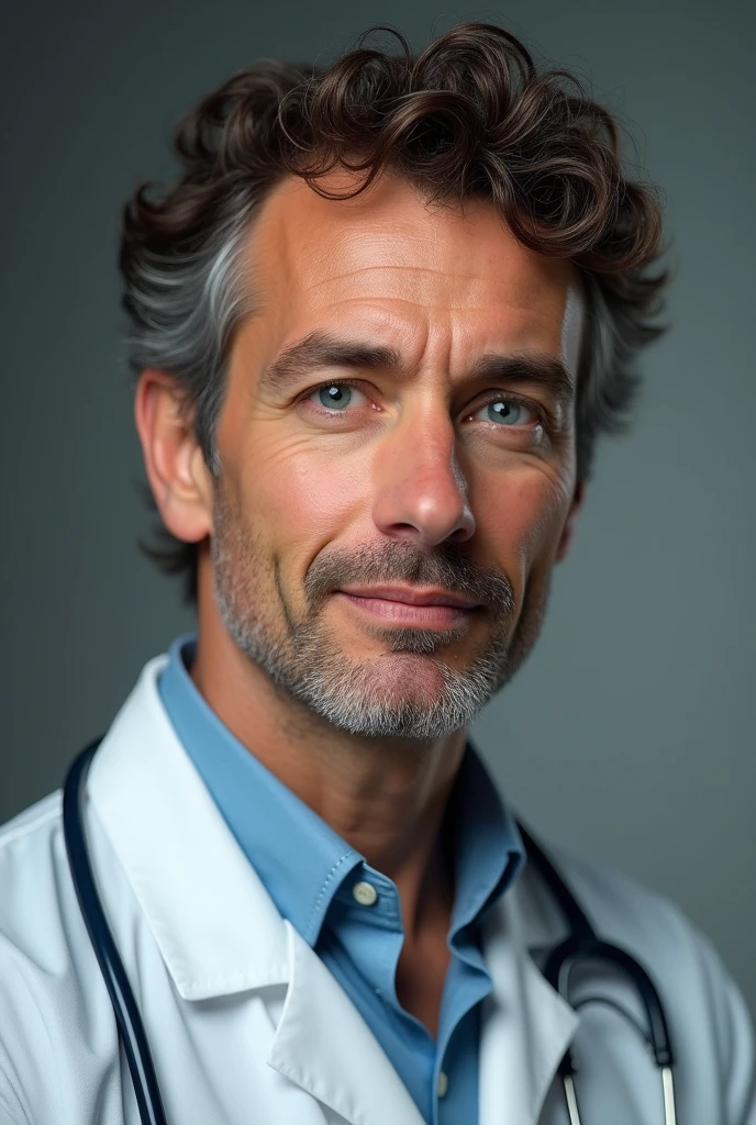 1 guy with brown curly hair, blue eyes and is a doctor