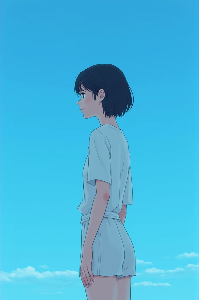 Short haired girl with her back turned on a pretty blue background