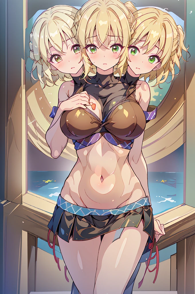 (masterpiece, best quality),best quality, (ultra-detailed), (3heads:1.5), 1girl, (mizuhashi parsee:1.3), masterpiece, best quality, ultra quality, ultra resolution, ultra detail, white top, crop top, ((stomach)), midriff, ((groin)), brown skirt, normal ears, shackles, blonde hair, short hair, green eyes, very detailed eyes, parted lips, open belly, smiling, jealous smile, jealous face, nervous smile, cute, toned belly, hand on own chest, eyelashes, (2 woman:1.3), (masterpiece:1.5), (best quality:1.5), (beautiful detailed), extremely detailed CG, extremely delicate and beautiful, depth of field, (finely detailed face), (perfect details:1.1), (mature female:1.3), wide pelvis, slender, large veiny breast, 16k resolution, highres, high quality, high definition, extremely detailed, masterpiece, best quality, blonde hair, short hair, alluring presence, short skirt, close up, very big tits, huge breasts, young, japanese clothes, medium hair, ((blonde)),