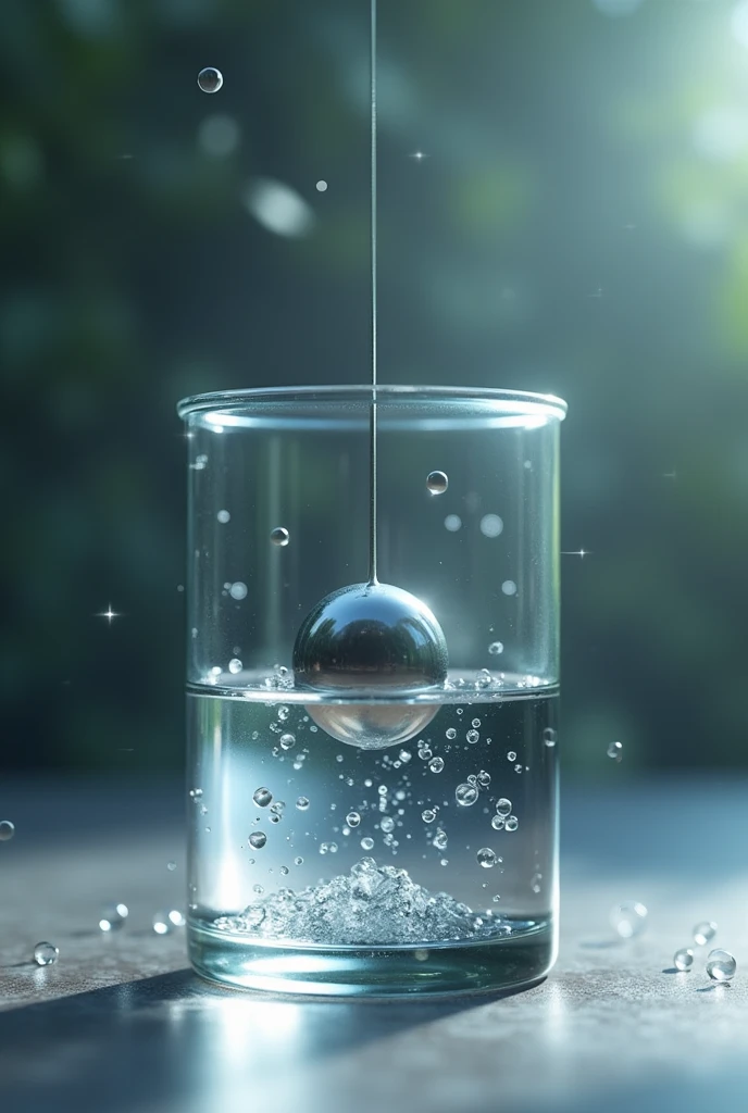 A steel ball hanging from a thread that is inside a chemical glass with water