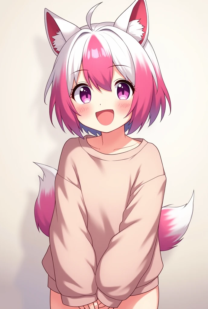 Chico anime furry, with purple eyes, short white and pink hair, sweatshirt and with a big smile