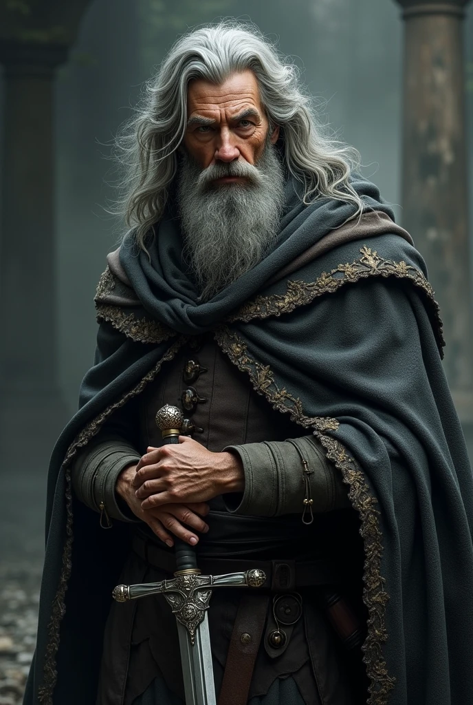 Um homem de meia idade, com uma barba por fazer, long gray hair, wearing a cloak with a cape and hood, holding a rapier.