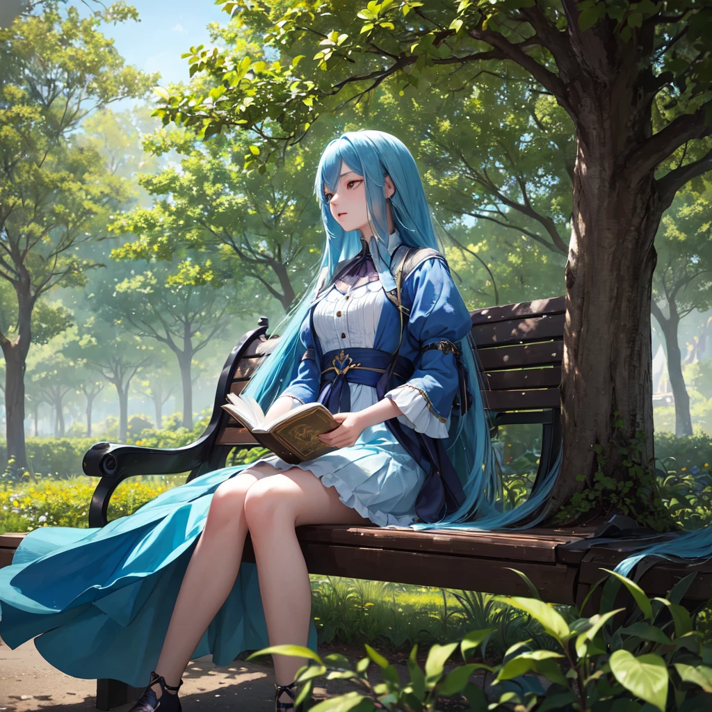 a girl with long blue hair sitting on a bench under a large tree in a park, reading a book, wind blowing through her hair, surprised expression, detailed facial features, high quality, hyperrealistic, 8k, photorealistic, cinematic lighting, vibrant colors, beautiful scenery, lush greenery, intricate details, masterpiece