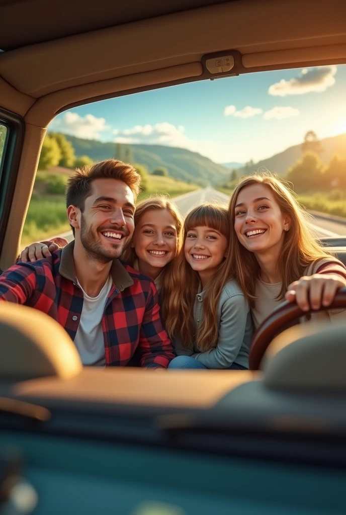 Happy family in the car taking a photo