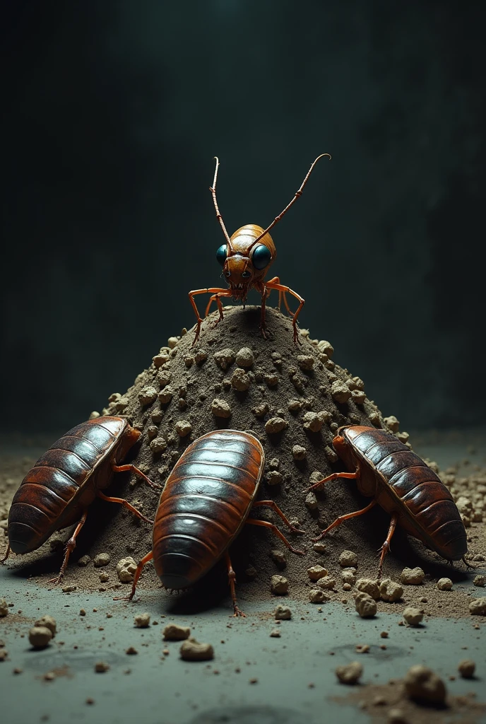 Create a horror image where 3 decapitated cockroach bodies want to approach a single cockroach head that is on a hill or mound of bodies of other dead cockroaches.