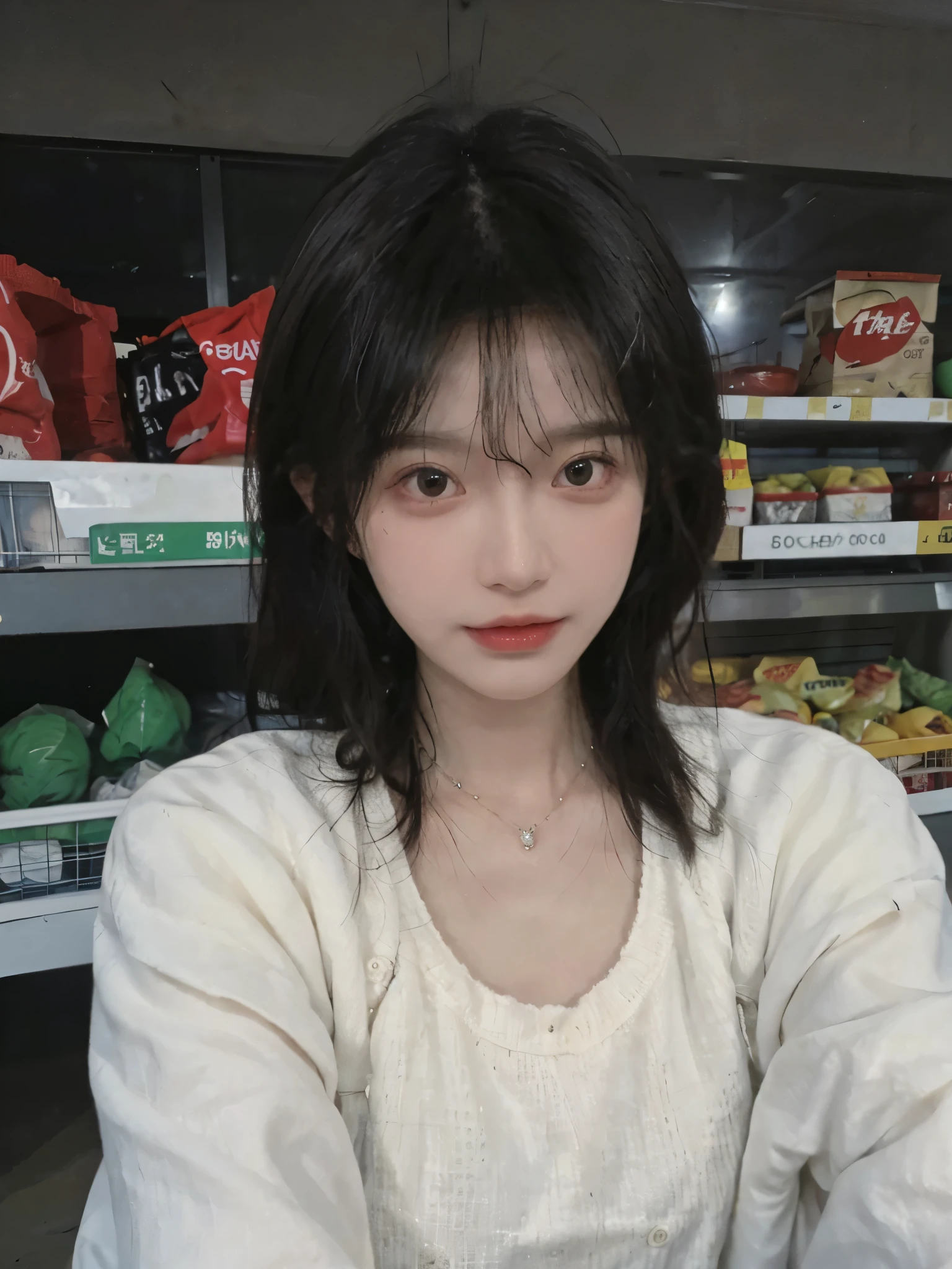 Best quality，Ultra-high resolution,(Realism:1.4)，cute，cute发夹，girll,Cropped black sweater，Look directly at the audience，Full of atmosphere，Beautiful woman with a slim figure:1.4，supermarket，whole body，Super delicate face，Exquisite eyes，Double eyelids，necklace