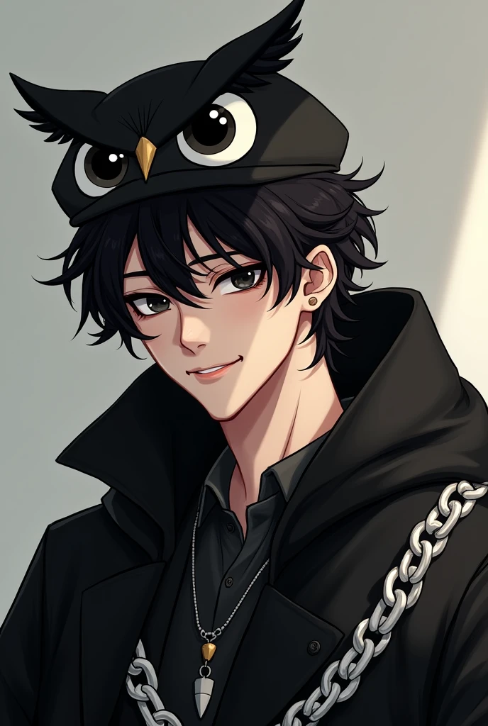 Make a male character with dark SKIN, but not so dark, of curly and black hair, with black eyes, with a slight smile on your face, an owl hat on his head, a black outfit with a silver chain around the neck, do this in the style of the logo for the YouTuber, do it the same way but with slightly darker skin