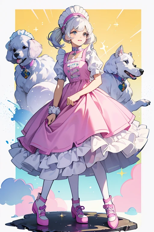 Perris is a white poodle dog; she has white hair with two-toned pink & blue undertones.
She wears a yellow top with a purple apron designed with paw prints and bones.
She comes with dark pink shoes. SPARKLE; GLITTER