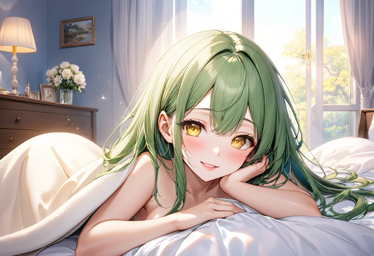 (ecstasy style), (pov), (solo:2, 15 yo), (beautiful straight) (glossy beautiful green hair long hair) (beautiful cute girl), (glossy lip, love ecstasy smile), (best cute yellow eyes), (medium:1.2 tits), break, (Cover body a blanket), Cover  tits with a blanket, naked:0.2, hide own tits, lie down on bed, break, in the morning, in the Gorgeous Bedroom, background beautiful morning sky, BREAK, perfect anatomy, masterpiece, best quality, 16k, beautiful detailed naked, daydreaming expression.