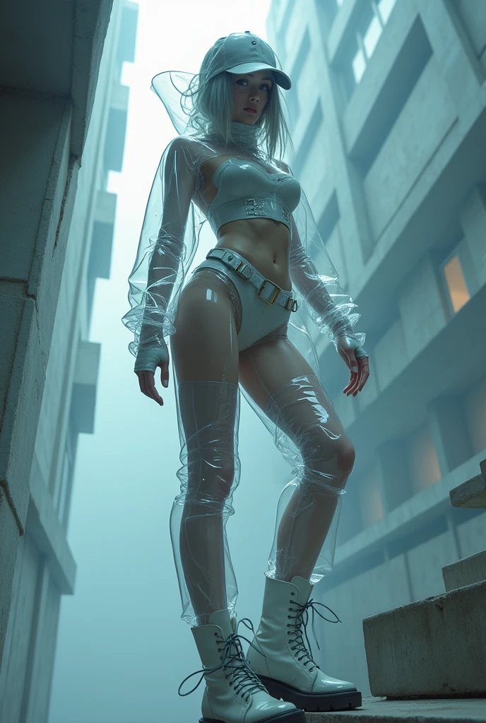 (nsfw), masterpiece, Best Quality, hyper Realistic, A mysterious and sophisticated beautiful young gravure Japanese woman with blue eyes wears futuristic and sexy fashion art. standing back shot, focus ass, from below, Detailed clothing, woman is climbing at a wide angle, with her full body in frame. large Butt, sexy large breasts, slim waist, She wears a futuristic, sexy outfit made from perfect clear, transparent latex. The outfit includes an oversized clear hoodie, long sleeves with reflective patterns, transparent leggings, an enamel belt, latex gloves, and ankle-length boots with chunky soles. She also wears a clear, transparent baseball cap. Her demeanor exudes harmony and striking simplicity, The wear hugs her body tightly, accentuating her curves and digging sensuously into her skin, hyper small head and face, wide and big Duck mouth, half open mouth, perfectly aligned teeth, perfect beautiful wide teeth, Detailed eyes, light blue eyes, half open eyes, shiny Droopy eyes, gray hair, looking other, She is situated within the interior of a futuristic colony, with mist drifting and steam rising from concrete