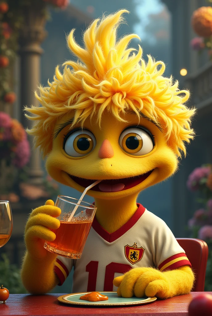 Pacho sesamo, Celeste character from the Sesame Street series, with yellow eyes, black pupils, egg-colored nose, cream football shirt, drinking rum 