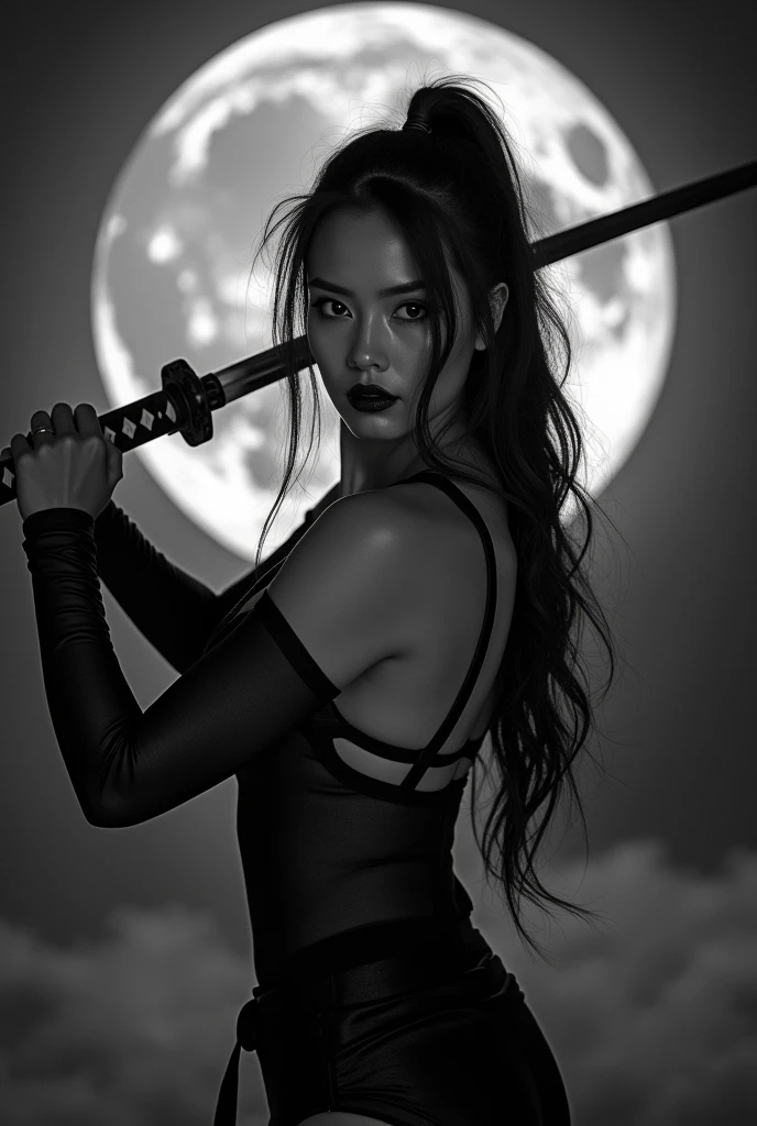 Black and White Japanese sword beauty Gal Moonlit Night photograph Change of clothes Big Breasts tits In a sexy pose Facing forward