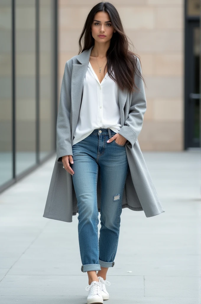 A woman wearing loose jeans with a white blouse and a light gray coat and white sneakers 