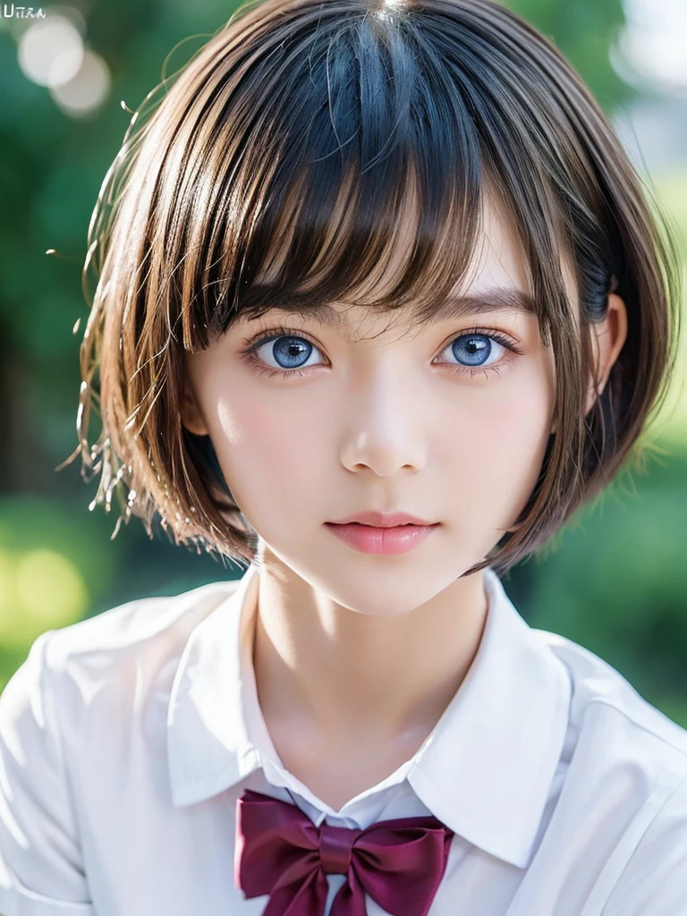 A portrait of a young lovely girl in school uniform, with a bright expression, glowing white skin, glossy face, shimmering cheek gloss,best looks, very beautiful glossy hair, (ultra short hair:1.75),shimmering clear alluring bright large pale blue eyes, very large eyes, downturned eyes, left and right eyes are equal,eyeliner, thin eyebrows,perfect bust,masterpiece,photorealistic, 8k,16k,high quality, masterpiece, realistic portrait