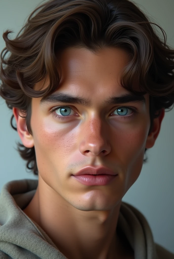 1 guy with brown curly hair, blue eyes