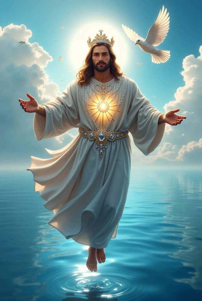 (photorealism:1.2), handsome Jesus Christ, his feet is visible to see that floating above the blue water of the sea, wearing the gray color of King elegant clothes with many diamonds and crown sparkling with light, the head and heart lighting all over, focus on face looking at the camera, nice hair, outdoors, feet finger is five, bright lighting, so many clouds and blue sea water in the background, so many clouds and dove all over, cozy blue sea, relaxed pose, realistic, intricate details, bright colors,
