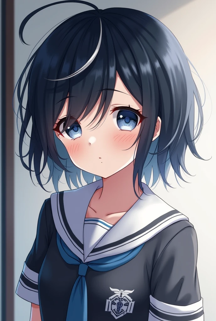 A femboy with a cute face,Black hair with white streaks, a little messy and short, and deep blue eyes, Wearing a Japan school uniform,blush 
