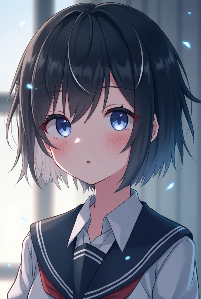 A femboy with a cute face,Black hair with white streaks, a little messy and short, and deep blue eyes, Wearing a Japan school uniform,blush