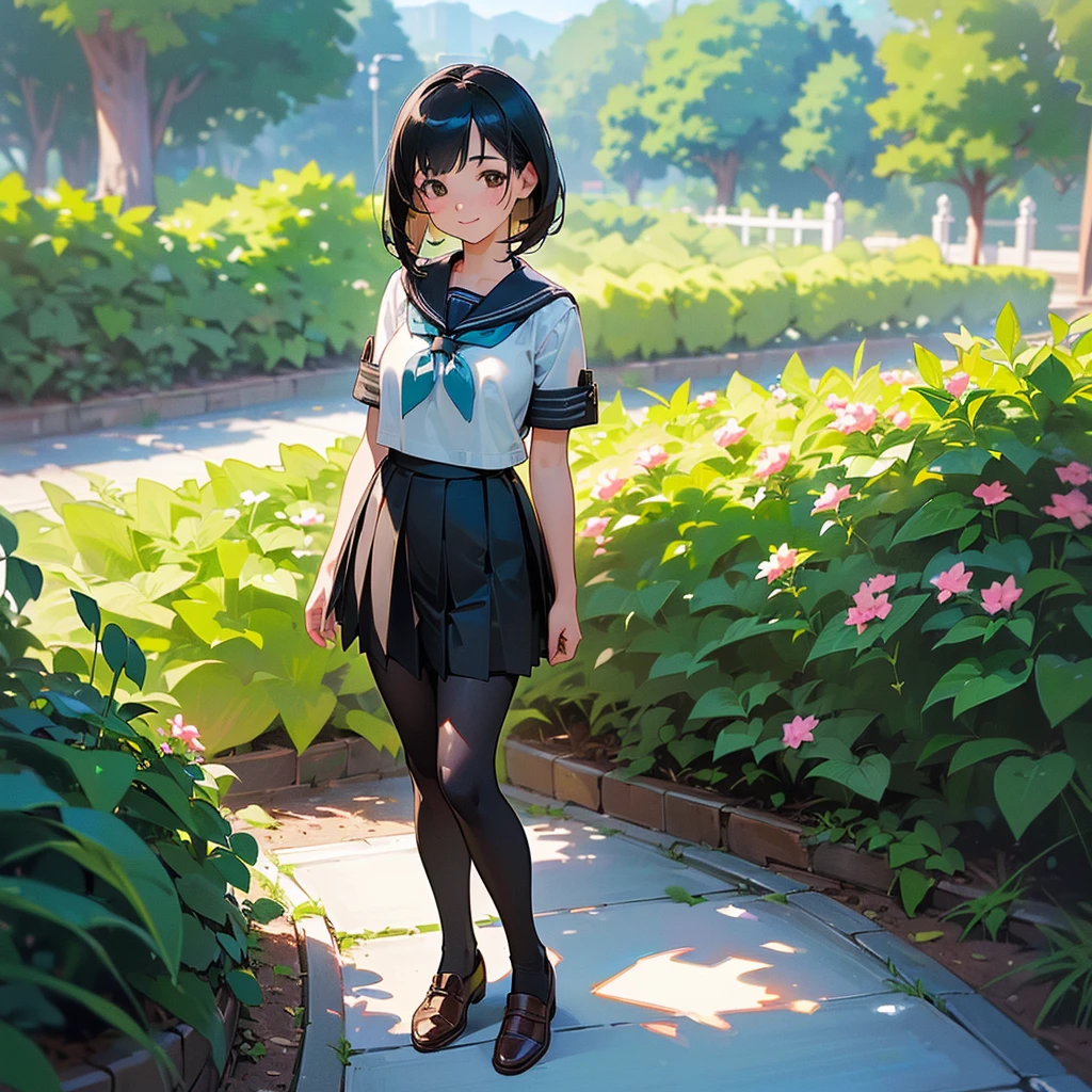 (Highest quality, High resolution, Super detailed, Realistic:1.37), Peaceful atmosphere, (Outdoor, garden), Teenage girl standing alone,(my breasts are big.),Beautifully detailed features, Cute Smile, ((Black bob hair)),Short-sleeved sailor uniform, Pleated skirt,Black tights,Brown leather shoes.