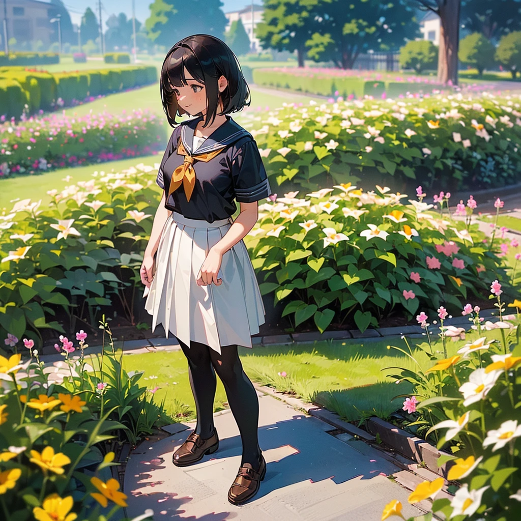 (Highest quality, High resolution, Super detailed, Realistic:1.37), Peaceful atmosphere, (Outdoor, garden), Teenage girl standing alone,(my breasts are big.),Beautifully detailed features, Cute Smile, ((Black bob hair)),Short-sleeved sailor uniform, Pleated skirt,Black tights,Brown leather shoes.