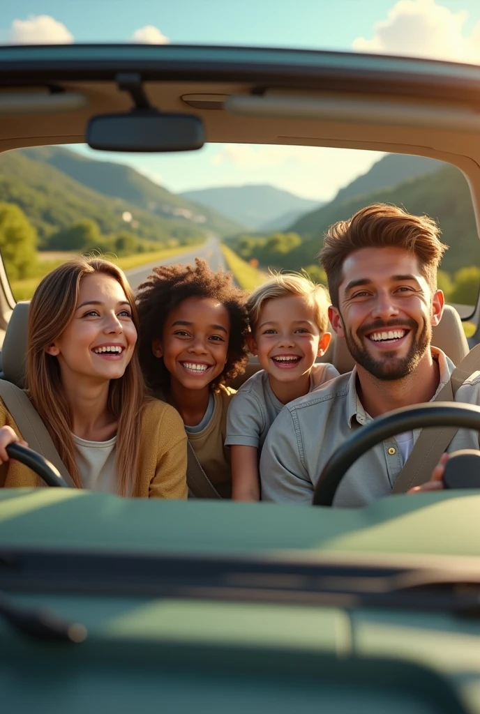 Happy family in the car taking a photo