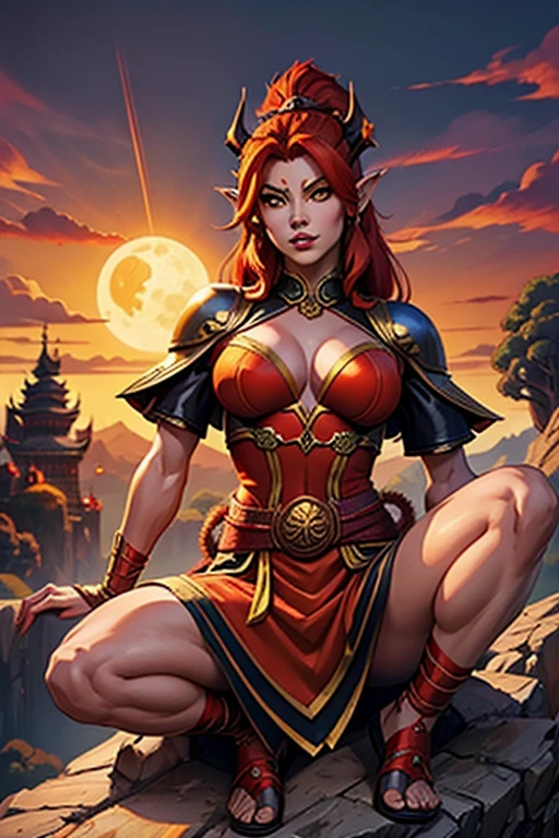 a beautiful female demon monkey with red hair, yellow eyes, large bust, monkey tail and ears, the female version of the character Sun Wukong from Journey to the West, arrogant and imposing demonic female monkey, wearing the traditional clothes of the Monkey King, sitting on a large rock on Mount Huago, gorgeous female demon monkey looking at the viewer