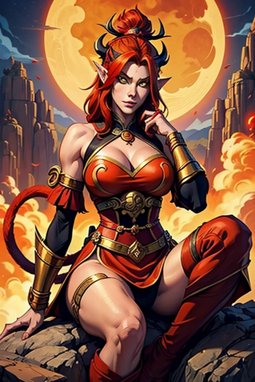 a beautiful female demon monkey with red hair, yellow eyes, large bust, monkey tail and ears, the female version of the character Sun Wukong from Journey to the West, arrogant and imposing demonic female monkey, wearing the traditional clothes of the Monkey King, sitting on a large rock on Mount Huago, gorgeous female demon monkey looking at the viewer