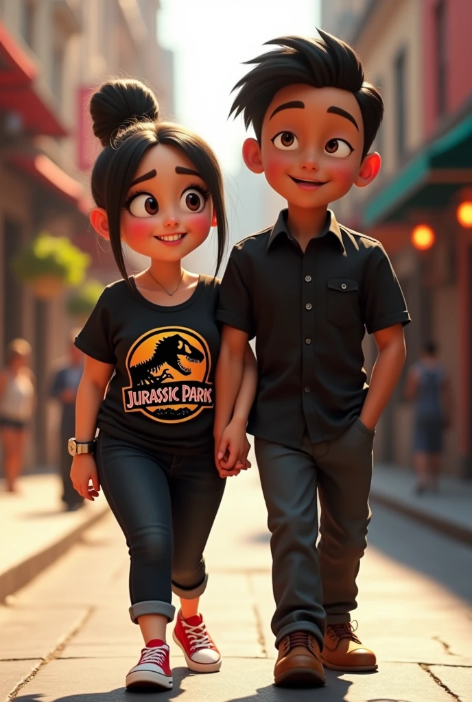 A couple arm in arm.
She is smiling, has a robust build, wide legs, small ears, and a light complexion., wide nose big brown eyes hair in a bun and straight curtain bangs, you wore a black Jurassic Park blouse, black jeans and red converse. He is of slim build, tez morena, wide nose small eyes short dark straight hair small ears wears a formal black button down shirt and black dress pants with brown shoes, protagonists of a Disney Pixar movie digital art. Walking down a street